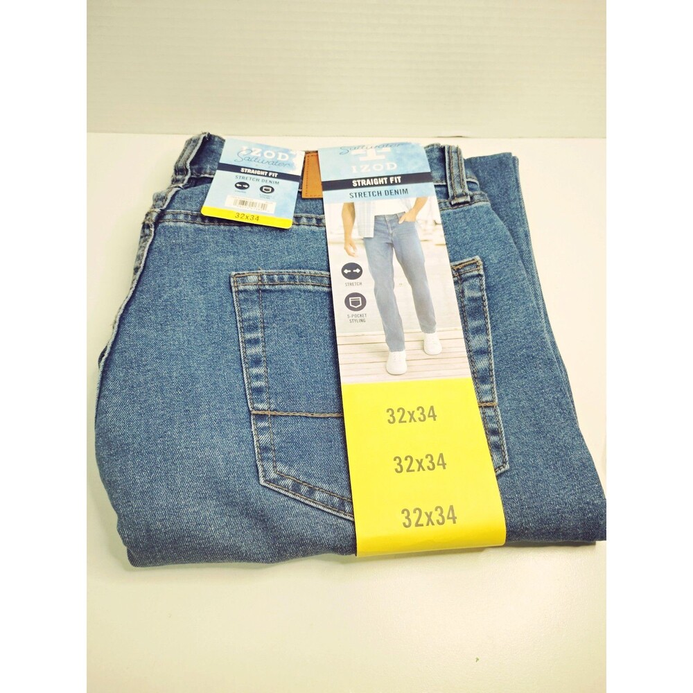 IZOD Men's Straight Fit Stretch Blue Denim Jeans Medium Wash 5-Pocket